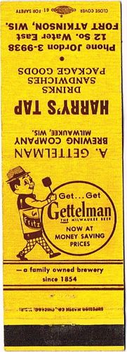 1959 Gettelman Beer 115mm WI-GET-15-HT Match Cover Milwaukee Wisconsin