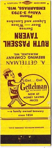 1959 Gettelman Beer 115mm WI-GET-15-RPT Match Cover Milwaukee Wisconsin