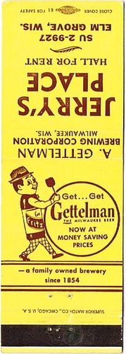 1959 Gettelman Beer 115mm WI-GET-15-JP Match Cover Milwaukee Wisconsin