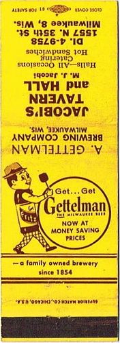 1959 Gettelman Beer 115mm WI-GET-15-JT&H Match Cover Milwaukee Wisconsin