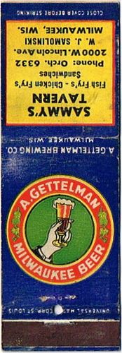1934 Gettelman Milwaukee Beer 111mm WI-GET-2-SAMMT Match Cover Milwaukee Wisconsin