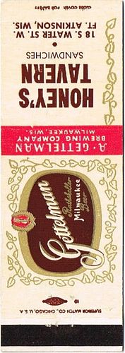 1952 Gettelman Rathskeller Milwaukee Beer 113mm WI-GET-13-HT Match Cover Milwaukee Wisconsin