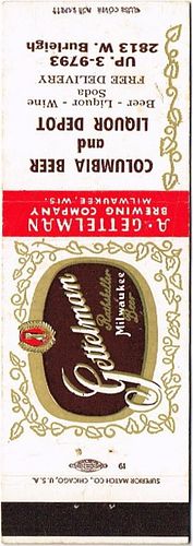 1952 Gettelman Rathskeller Milwaukee Beer 113mm WI-GET-13-CB&LD Match Cover Milwaukee Wisconsin