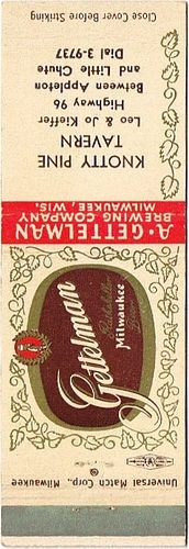 1952 Gettelman Rathskeller Milwaukee Beer 113mm WI-GET-12-KPT Match Cover Milwaukee Wisconsin