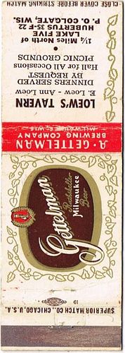 1952 Gettelman Rathskeller Milwaukee Beer 113mm WI-GET-11-LT Match Cover Milwaukee Wisconsin