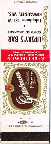 1952 Gettelman Rathskeller Milwaukee Beer 113mm WI-GET-13-LB Match Cover Milwaukee Wisconsin