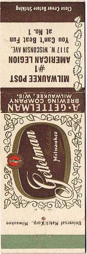 1954 Gettelman Rathskeller Milwaukee Beer 113mm WI-GET-14-AL1 Match Cover Milwaukee Wisconsin