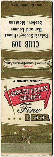 1955 Great Falls Select Beer 113mm MT-GF-4-C109 Match Cover Great Falls Montana