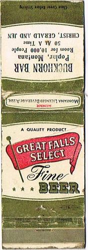 1955 Great Falls Select Beer 113mm MT-GF-4-BUCK Match Cover Great Falls Montana