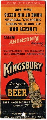 1940 Kingsbury Beer 113mm WI-KINGSB-6-LB2 Match Cover Manitowoc Wisconsin
