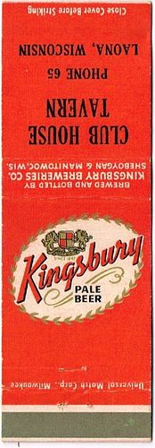 1955 Kingsbury Pale Beer 113mm WI-KINGSB-11-CHT Match Cover Sheboygan Wisconsin