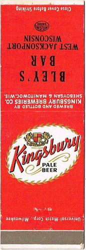 1956 Kingsbury Pale Beer 113mm WI-KINGSB-12-BLEY Match Cover Sheboygan Wisconsin