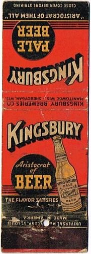 1940 Kingsbury Pale Beer 113mm WI-KINGSB-6-1 Match Cover Manitowoc Wisconsin