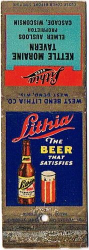 1943 Lithia Beer 113mm WI-WB-6-KMT Match Cover West Bend Wisconsin