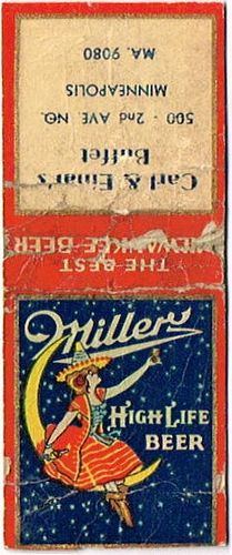 1939 Miller High Life Beer 115mm WI-MILLER-4-CEB Match Cover Milwaukee Wisconsin