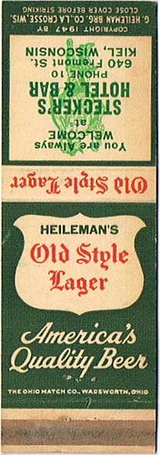 1947 Old Style Lager Beer 113mm WI-HEIL-17-SHB Match Cover La Crosse Wisconsin