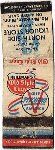 1943 Old Style Lager Beer 112mm WI-HEIL-13r-NSLS Match Cover La Crosse Wisconsin