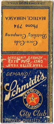 1936 Schmidt's City Club Beer 114mm MN-JS-5-CCBC Match Cover Saint Paul Minnesota