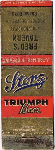 1938 Storz Triumph Beer 111mm NE-STORZ-6-FT Match Cover Omaha Nebraska