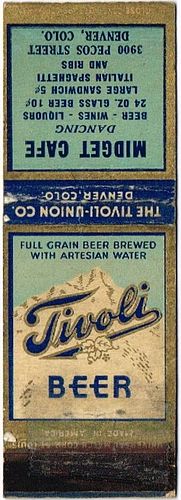 1936 Tivoli Beer 111mm CO-TIV-3-MC Match Cover Denver Colorado
