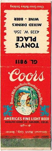 1948 Coors Beer 113mm CO-AC-18-TP Match Cover Golden Colorado