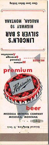 1960 Highlander Premium Beer 113mm MT-MISS-4-LSB Match Cover Missoula Montana