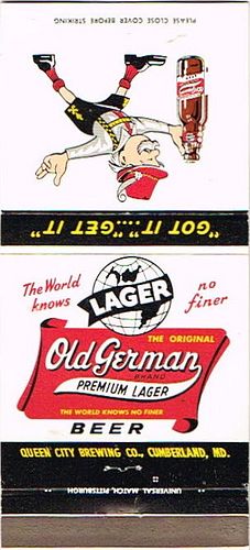 1975 Old German Premium Lager Beer MD-QC-ARI-2 Match Cover Cumberland Maryland