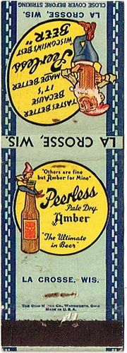 1942 Peerless Pale Dry Amber Beer 115mm WI-LAC-4 Match Cover La Crosse Wisconsin