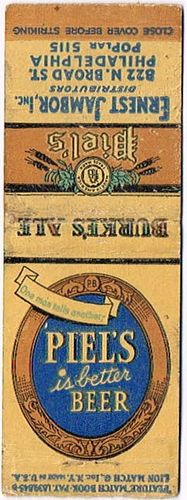 1937 Piel's Beer 118mm NY-PIEL-3a Match Cover Brooklyn New York