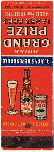 1937 Grand Prize Beer 113mm TX-GULF-3 Match Cover Houston Texas