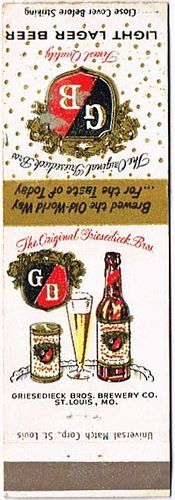 1955 Griesedieck Bros. Light Lager Beer 113mm MO-GRIE-18 Match Cover St. Louis Missouri