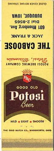 1951 Potosi Beer 110mm WI-POT-8-C Match Cover Potosi Wisconsin