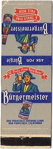1950 Burgermeister Pale Beer (blue reverse) 111mm CA-SF-6a Match Cover San Francisco California