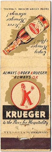 1950 Krueger Beer 114mm NJ-KRUE-1 Match Cover Newark New Jersey