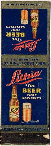 1941 Lithia Beer 113mm WI-WB-5-0 Match Cover West Bend Wisconsin