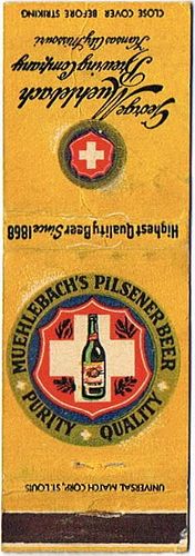 1938 Muehlebach Pilsener Beer 113mm MO-MUE-2-0 Match Cover Kansas City Missouri