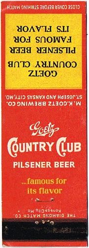 1953 Goetz Country Club Beer 113mm MO-GOETZ-13-0a Match Cover St. Joseph Missouri