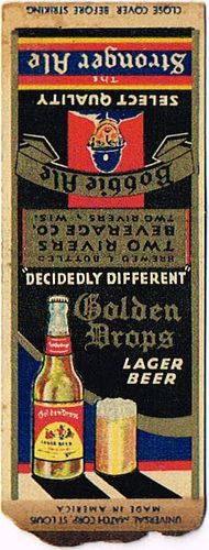 1937 Golden Drops Lager Beer/Bobbie Ale 113mm WI-TR-3 Match Cover Two Rivers Wisconsin