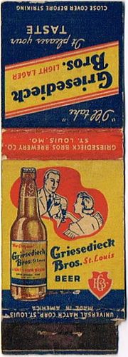 1936 Griesedieck Bros. Light Lager Beer 110mm MO-GRIE-4 Match Cover St. Louis Missouri