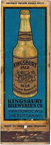 1935 Kingsbury Pale Beer (Blank Reverse) 113mm WI-KINGSB-2-0 Match Cover Manitowoc Wisconsin