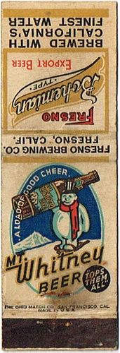 1934 Mt. Whitney/Fresno Bohemian Beer 115mm CA-FRESNO-1 Match Cover Fresno California