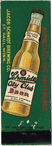 1938 Schmidt City Club Beer 113mm MN-JS-15b Match Cover Saint Paul Minnesota