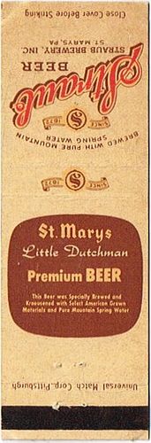 1950 Straub/St. Marys Little Dutchman Beer 113mm PA-STRAUB-3 Match Cover Saint Marys Pennsylvania