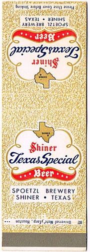 1955 Shiner Texas Special Beer 112mm TX-SHINER-6 Match Cover Shiner Texas