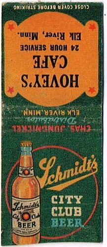 1936 Schmidt's City Club Beer 110mm MN-JS-7-HC1 Match Cover Saint Paul Minnesota