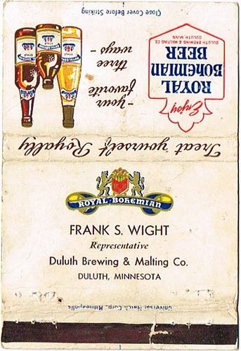 1950 Royal Bohemian Beer () MN-DBM-BB-FSW Match Cover Duluth Minnesota