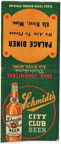 1936 Schmidt's City Club Beer 110mm MN-JS-7-PALACE Match Cover Saint Paul Minnesota