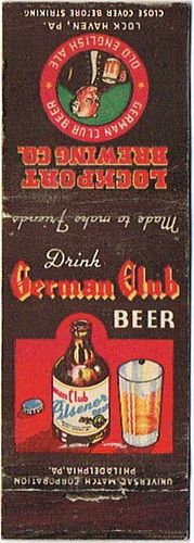 1938 German Club Beer 110mm PA-LOCK-2 Match Cover Lock Haven Pennsylvania