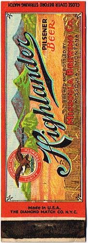 1938 Highlander Pilsener Beer 113mm MT-MISS-3 Match Cover Missoula Montana
