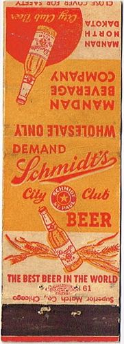 1945 Schmidt's City Club Beer 113mm MN-JS-C-MBC4 Match Cover Saint Paul Minnesota